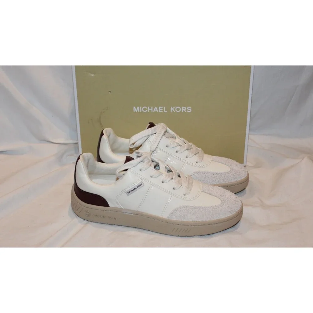 MICHAEL KORS Kai Lace Up Women's Faux Leather Sneakers White Burgundy NEW 7.5